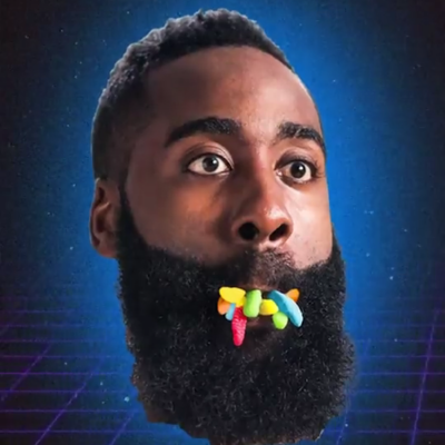 Image of James Harden with Trolli Gummy worms in his mouth.