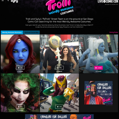 Images of people in costumes inspired by comic books sponsored by Trolli.