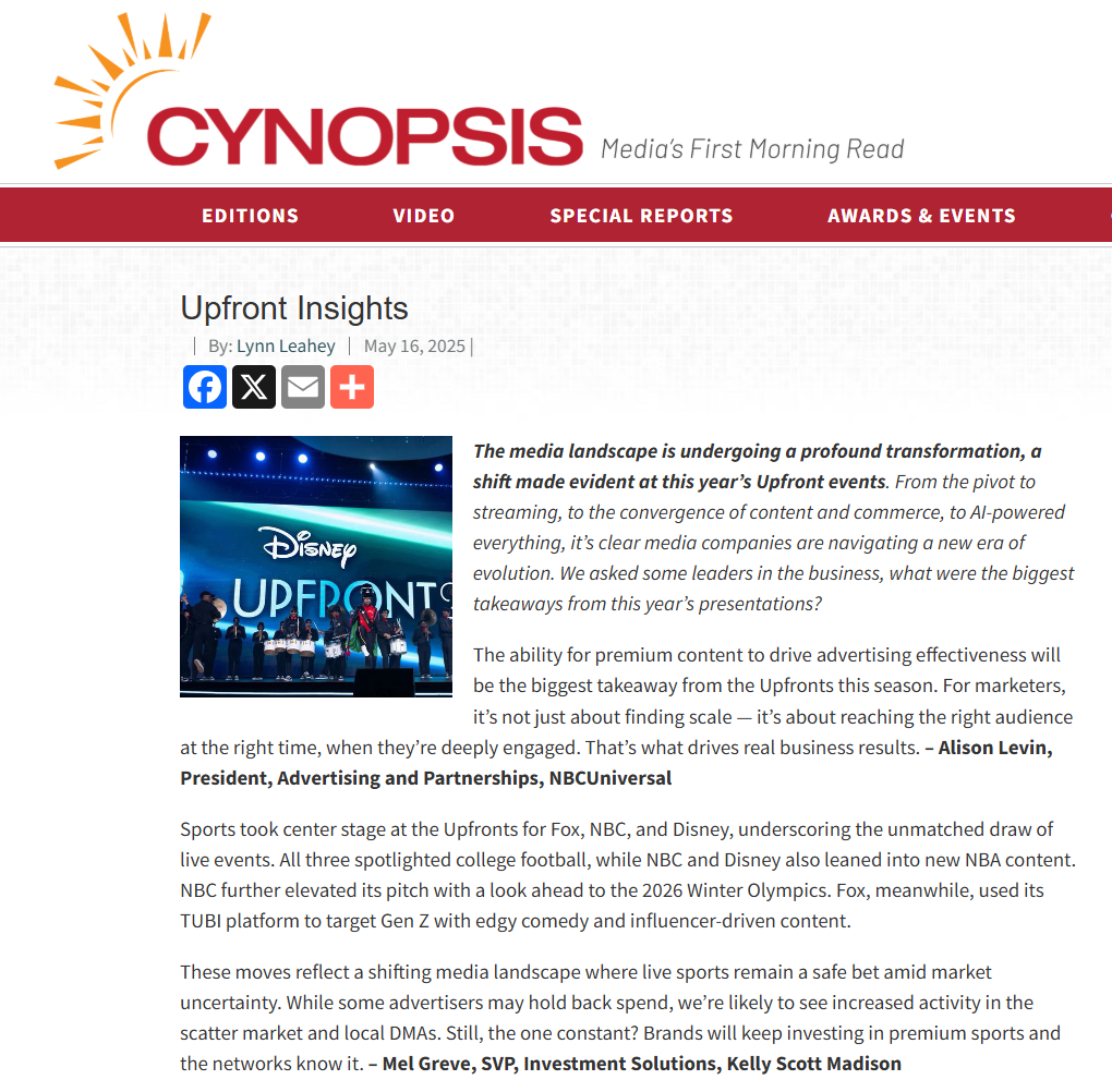 Screenshot of the Cynopsis article: Upfront Insights. The article features the excerpt above from Mel Greve, SVP Investment Solutions